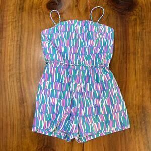 Vintage 70s Sea Waves Women's Romper 12 Cotton Retro Playsuit Lined Printed A10